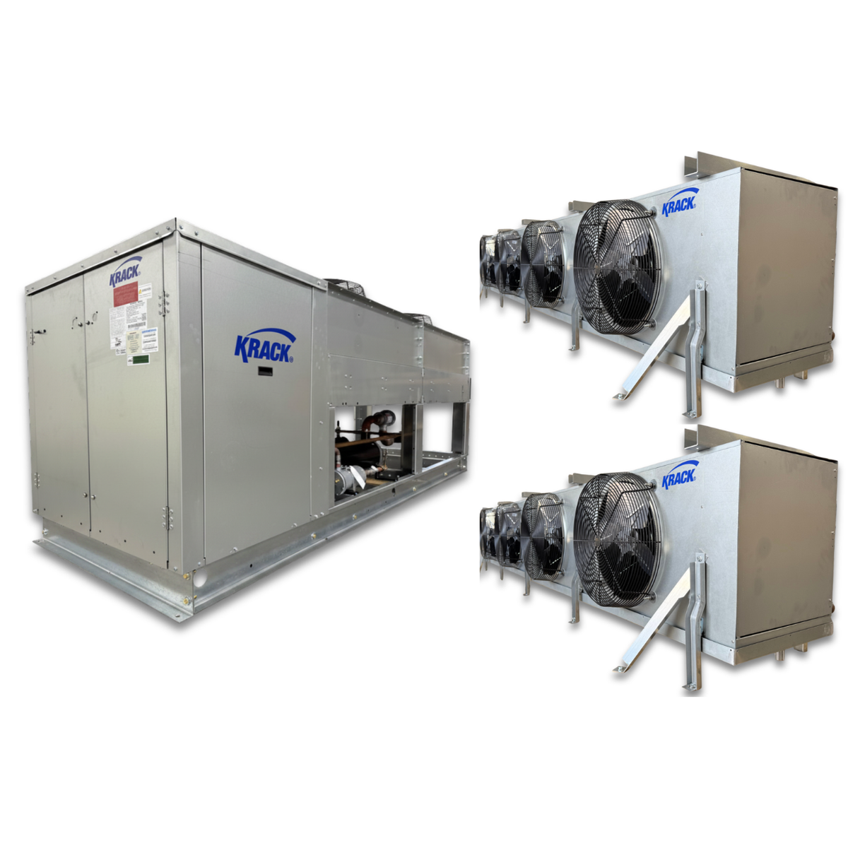 New 25 HP Medium Temp System, 3 phase 208-230 volt — supplier gallery view 1; Gray condensing unit front side view showing labels and gray evaporator with four fans front side view showing labels.