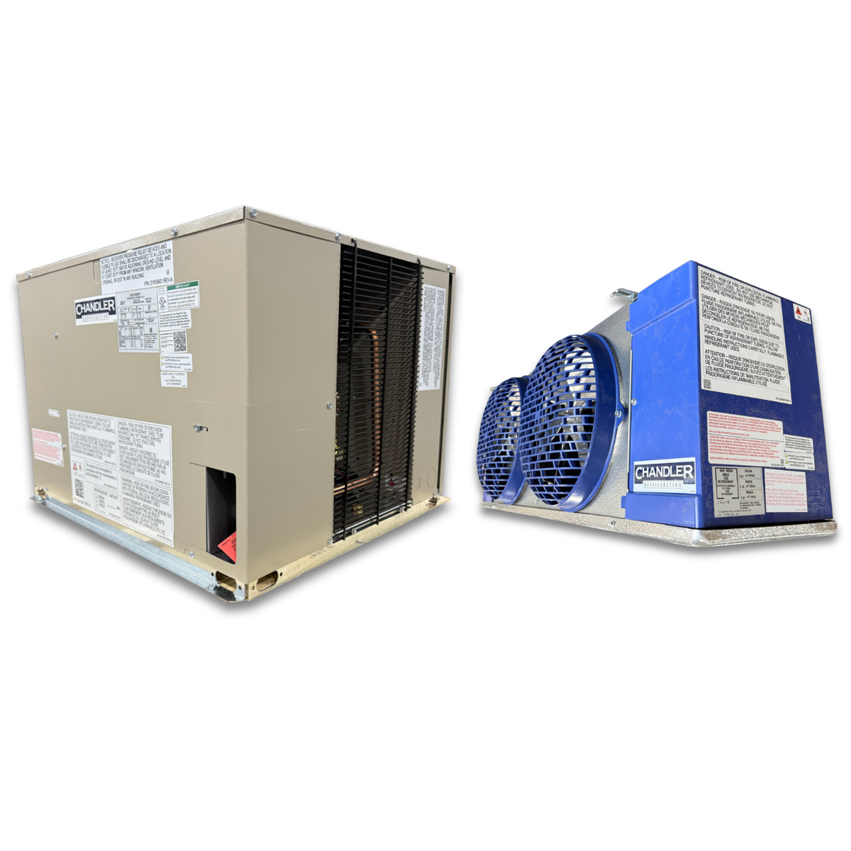 New 2 HP Low Temp System, 1 phase 208-230 volt — supplier gallery view 1; Beige condensing unit front side view showing labels and blue/gray evaporator with two fans front side view showing labels.
