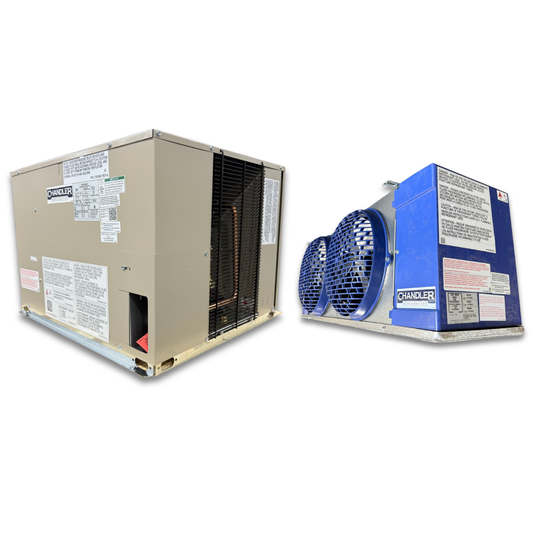 New 2 HP Low Temp System, 1 phase 208-230 volt — supplier gallery view 1; Beige condensing unit front side view showing labels and blue/gray evaporator with two fans front side view showing labels.
