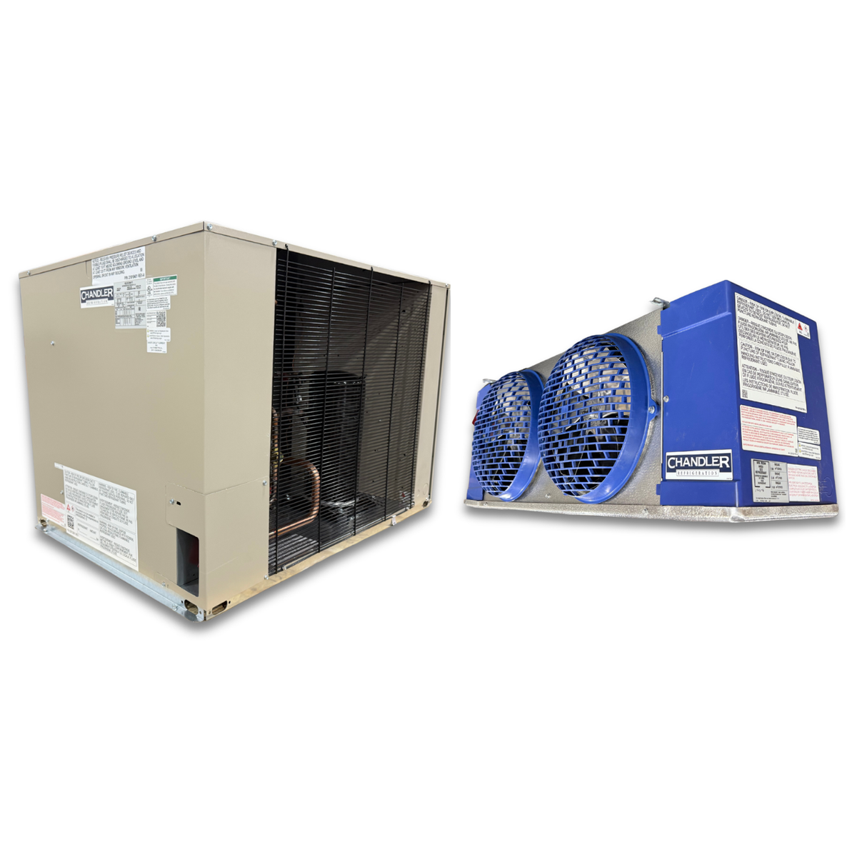 New 3 HP Low Temp System, 1 phase 208-230 volt — supplier gallery view 1; Beige condensing unit front side view showing labels blue/gray evaporator with two fans front side view showing labels.