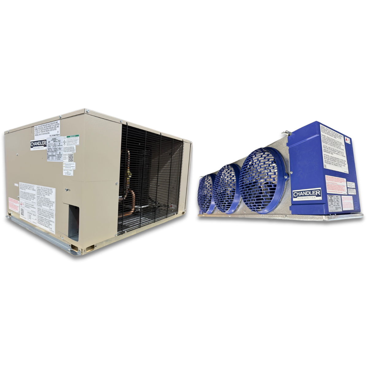 New 3.5 HP Low Temp System, 1 phase 208-230 volt — supplier gallery view 1; Beige condensing unit front side view showing labels and blue/gray evaporator with three fans front side view showing labels.