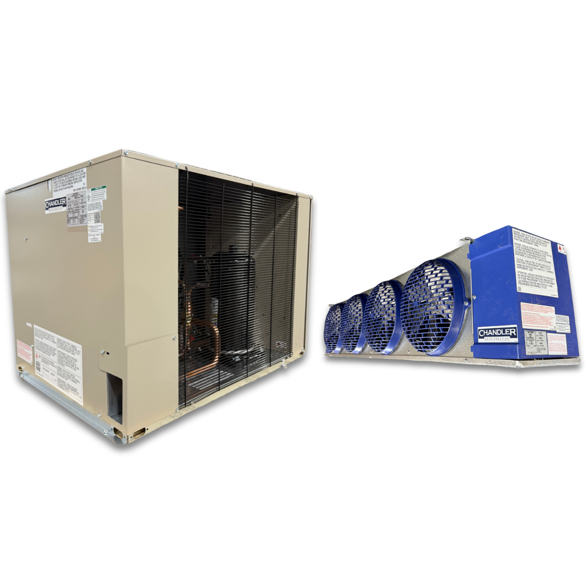 New 5.5 HP Low Temp System, 1 phase 208-230 volt — supplier gallery view 1; Beige condensing unit front side view showing labels and blue/gray evaporator with four fans front side view showing labels.