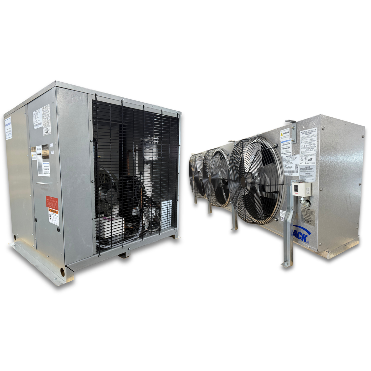 New 7.5 HP Krack Low Temp System, 3 phase 208-230 volt — supplier gallery view 1; Gray condensing unit front showing the interior and gray evaporator with three fans front side view showing labels.