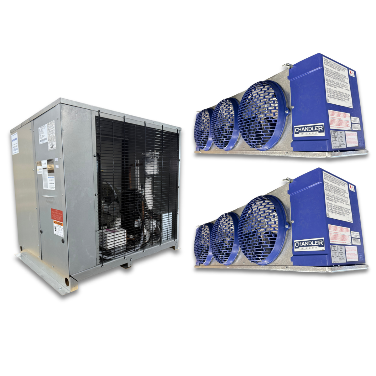 New 7.5 HP Krack-Chandler Low Temp System, 3 phase 208-230 volt — supplier gallery view 1; Gray condensing unit front side view showing labels and two blue/gray evaporator with three fans front side view showing labels.