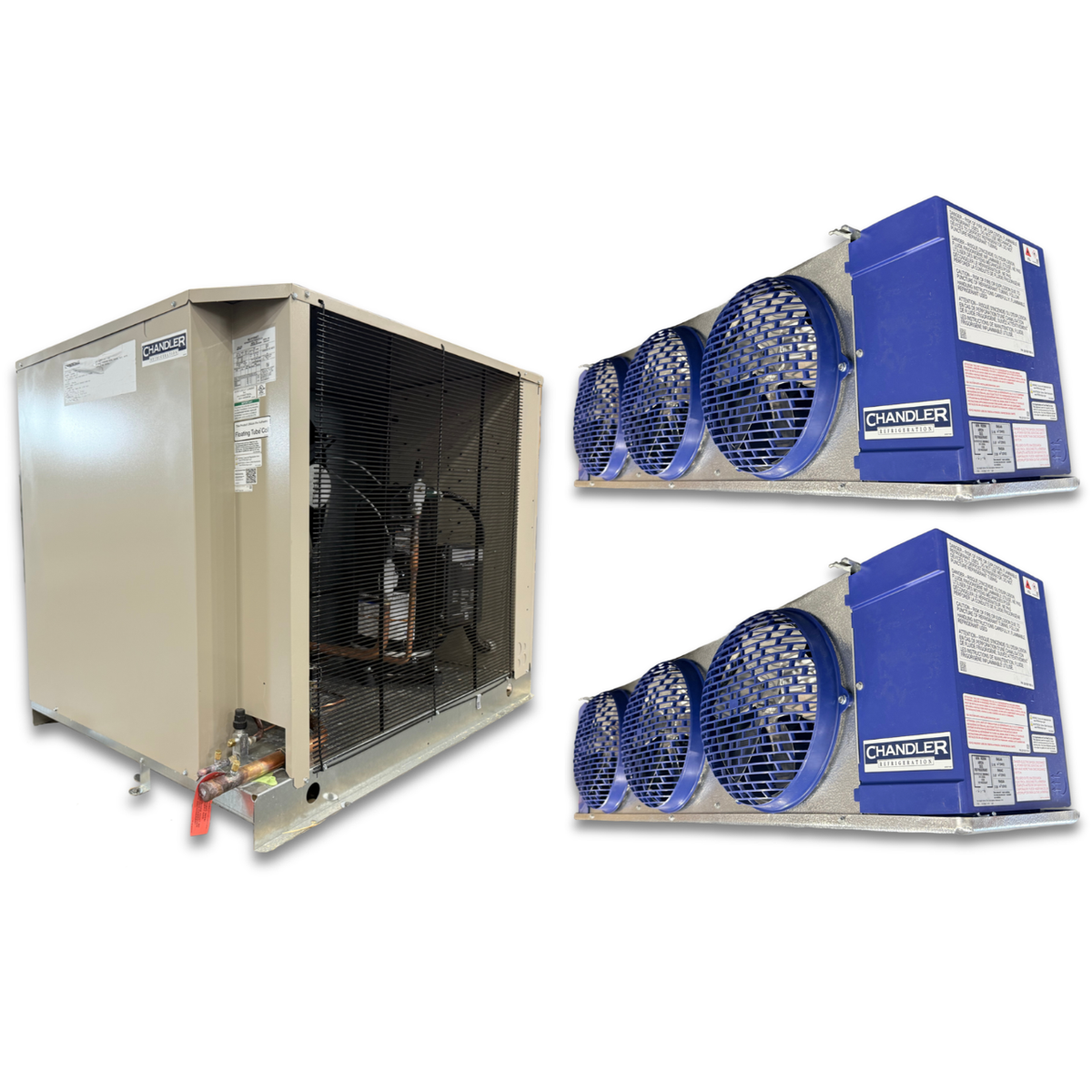 New 7.5 HP Chandler Low Temp System, 3 phase 208-230 volt — supplier gallery view 1; Beige condensing unit front side view showing labels and two blue/gray evaporator with three fans front side view showing labels.