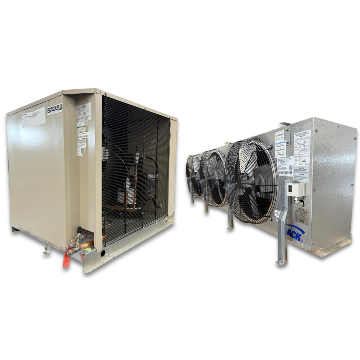 New 7.5 HP Chandler-Krack Low Temp System, 3 phase 208-230 volt — supplier gallery view 1; Beige condensing unit front side view showing labels and gray evaporator with three fans front side view showing labels.
