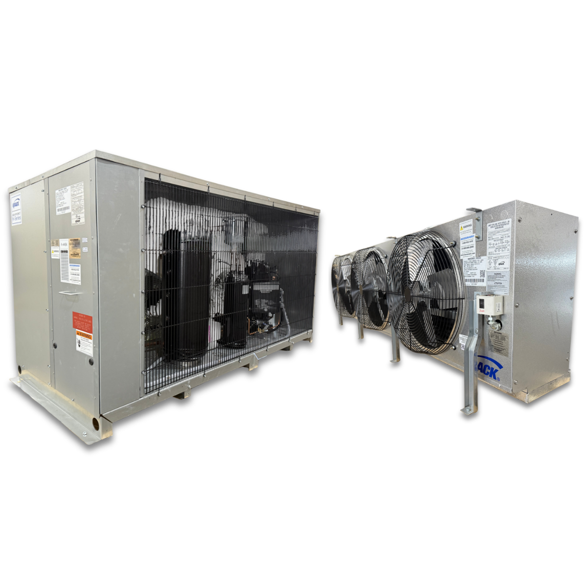 New 10 HP Krack Low Temp System, 3 phase 208-230 volt — supplier gallery view 1; Gray condensing unit front side view showing labels and gray evaporator with three fans front side view showing labels.