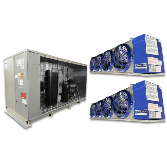 New 10 HP Krack-Chandler Low Temp System, 3 phase 208-230 volt — supplier gallery view 1; Gray condensing unit front side view showing labels and blue/gray evaporator with three fans front side view showing labels.