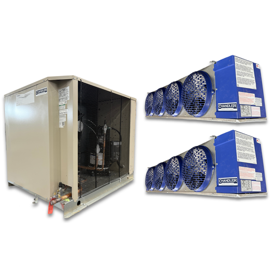 New 10 HP Chandler Low Temp System, 3 phase 208-230 volt — supplier gallery view 1; Beige condensing unit front side view showing labels and blue/gray evaporator with four fans front side view showing labels.