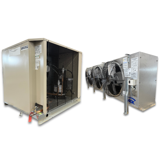 New 10 HP Chandler-Krack Low Temp System, 3 phase 208-230 volt — supplier gallery view 1; Beige condensing unit front side view showing labels and gray evaporator with three fans front side view showing labels.