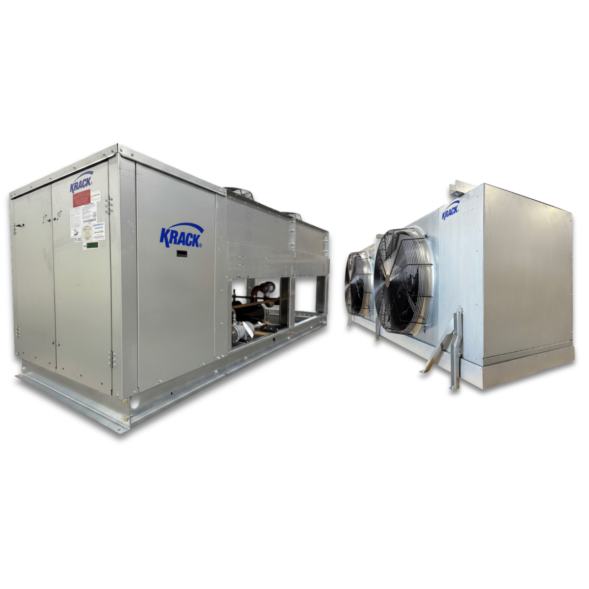 New 15 HP Krack Low Temp System, 3 phase 208-230 volt — supplier gallery view 1; Gray condensing unit front side view showing labels and gray evaporator with two fans front side view showing labels,