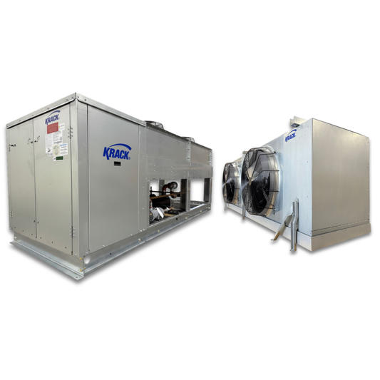 New 15 HP Krack Low Temp System, 3 phase 208-230 volt — supplier gallery view 1; Gray condensing unit front side view showing labels and gray evaporator with two fans front side view showing labels,