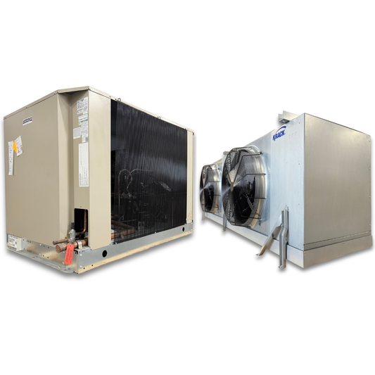 New 15 HP Chandler-Krack Low Temp System, 3 phase 460 volt — supplier gallery view 1; Beige condensing unit front side view showing labels and gray evaporator with two fans front side view showing labels.