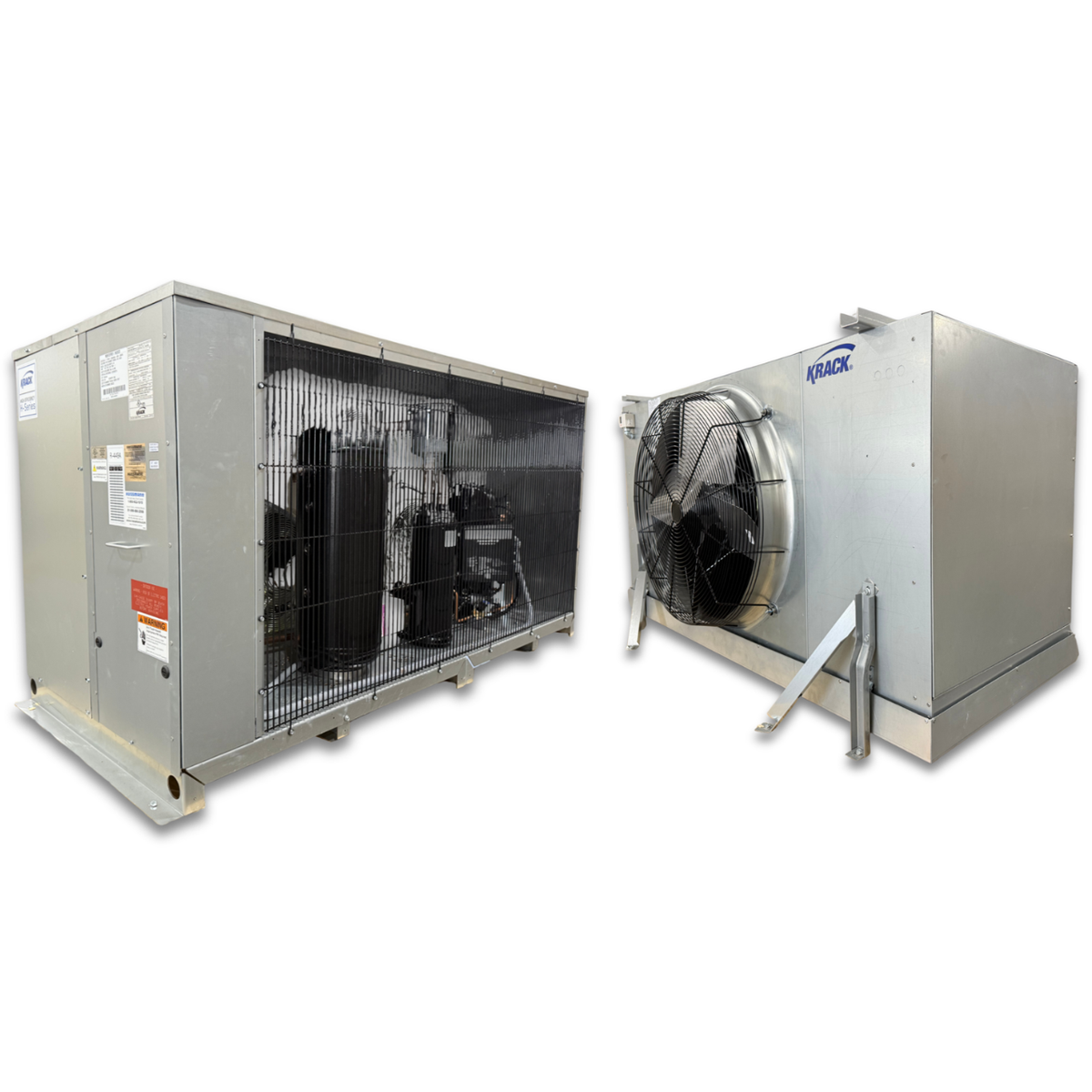 New 10 HP Krack Low Temp System, 3 phase 460 volt — supplier gallery view 1; Gray condensing unit front side view showing labels and gray evaporator with one fan front side view showing labels.