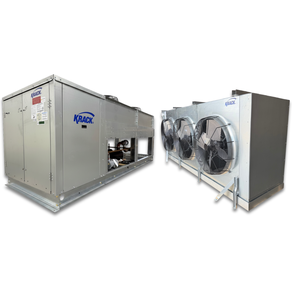 New 30 HP Low Temp System, 3 phase 460 volt — supplier gallery view 1; Gray condensing unit front side view showing labels and gray evaporator with three fans front side view showing labels