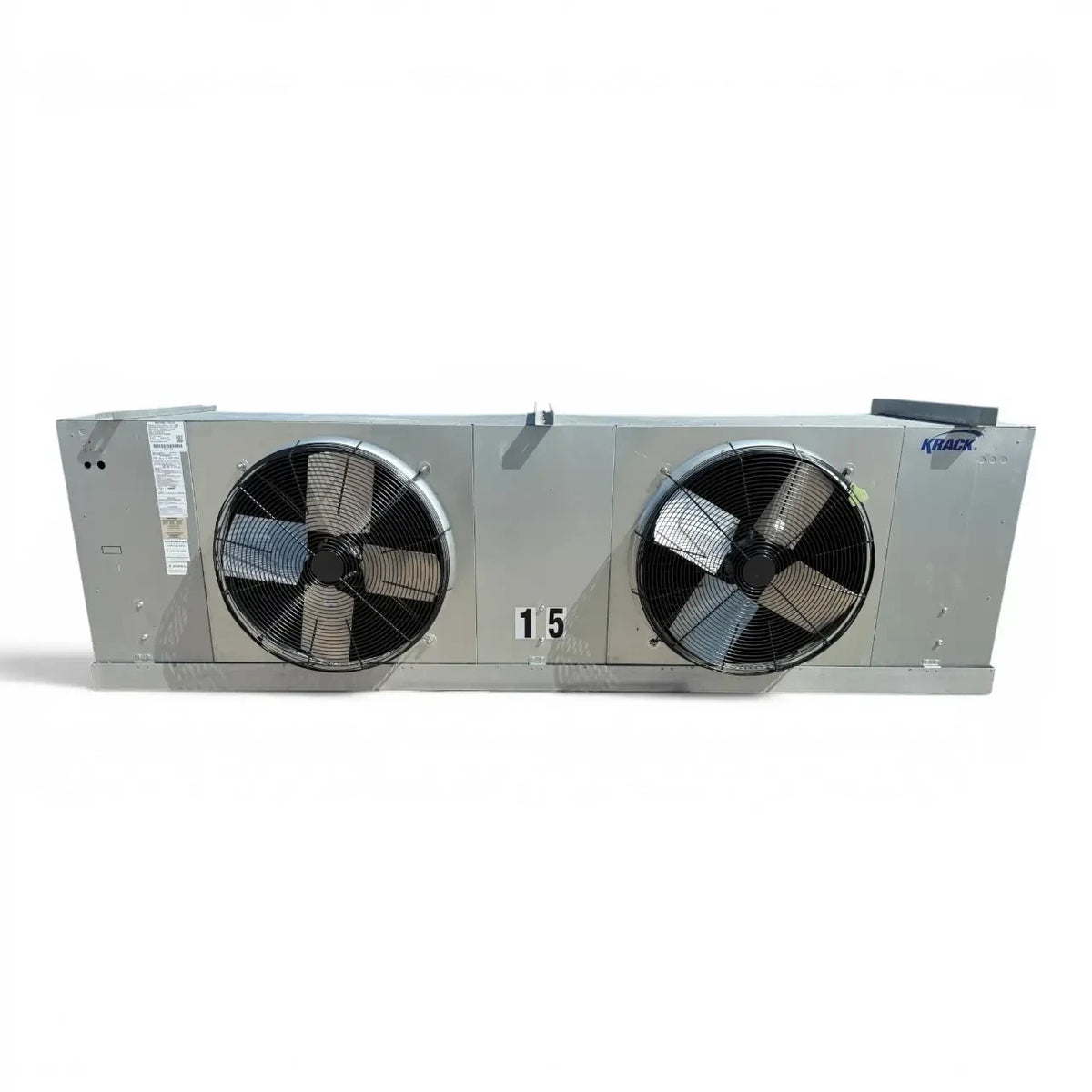 Used Krack SMA25E-1097SCMM Evaporator #3179 — supplier gallery view 2; Straight-on view of the used Krack SMA25E-1097SCMM evaporator #3179, showing the two round black-grille fans.