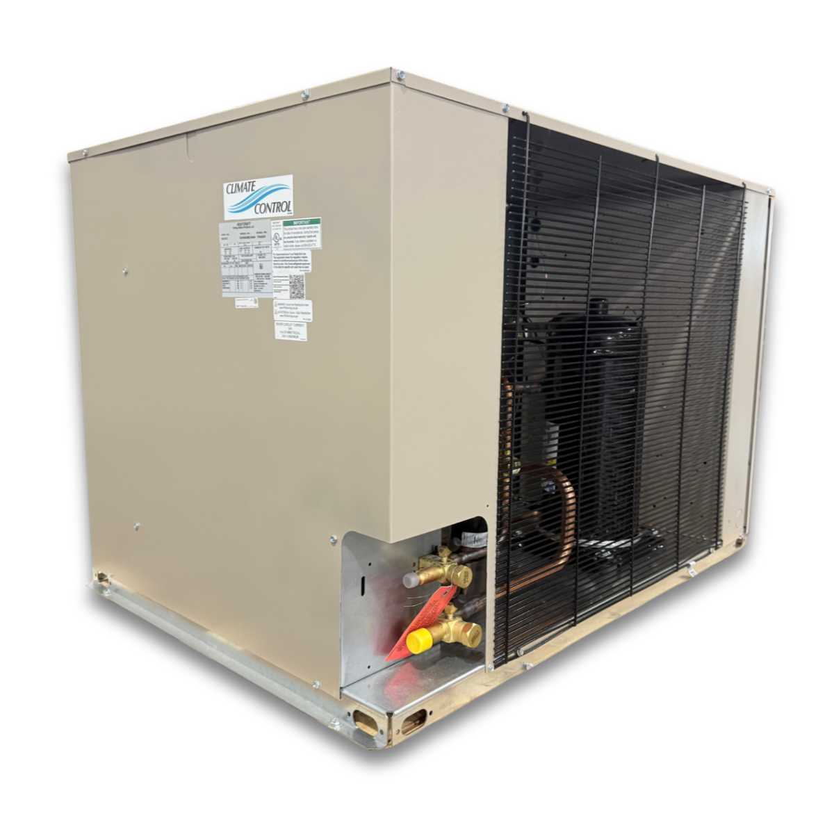 Surplus Heatcraft CCH0045LBBCZA0000 4.5 HP Condensing Unit #3108 — supplier gallery view 1; Beige condensing unit front side view showing labels.