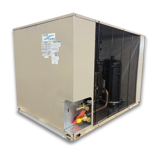 Surplus Heatcraft CCH0045LBBCZA0000 4.5 HP Condensing Unit #3108 — supplier gallery view 1; Beige condensing unit front side view showing labels.