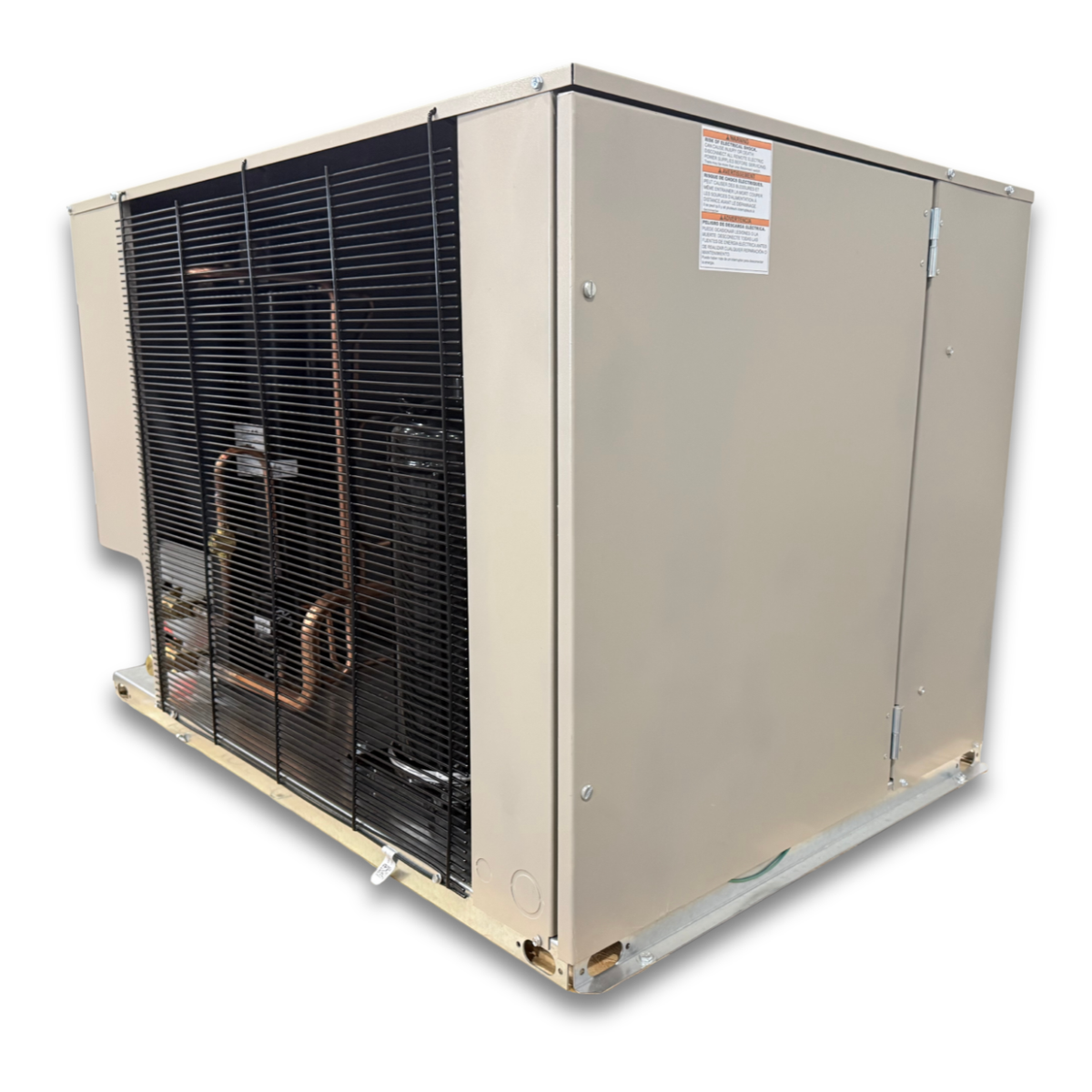 Surplus Heatcraft CCH0045LBBCZA0000 4.5 HP Condensing Unit #3108 — supplier gallery view 3; Beige condensing unit front side view showing labels.
