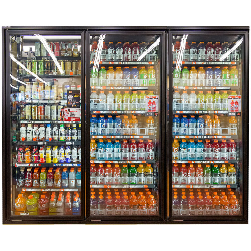 Styleline CL2472-NT Walk-In Merchandiser Doors with Shelving — supplier gallery view 15; A Styleline walk-in cooler with shelving holding a variety of drinks.