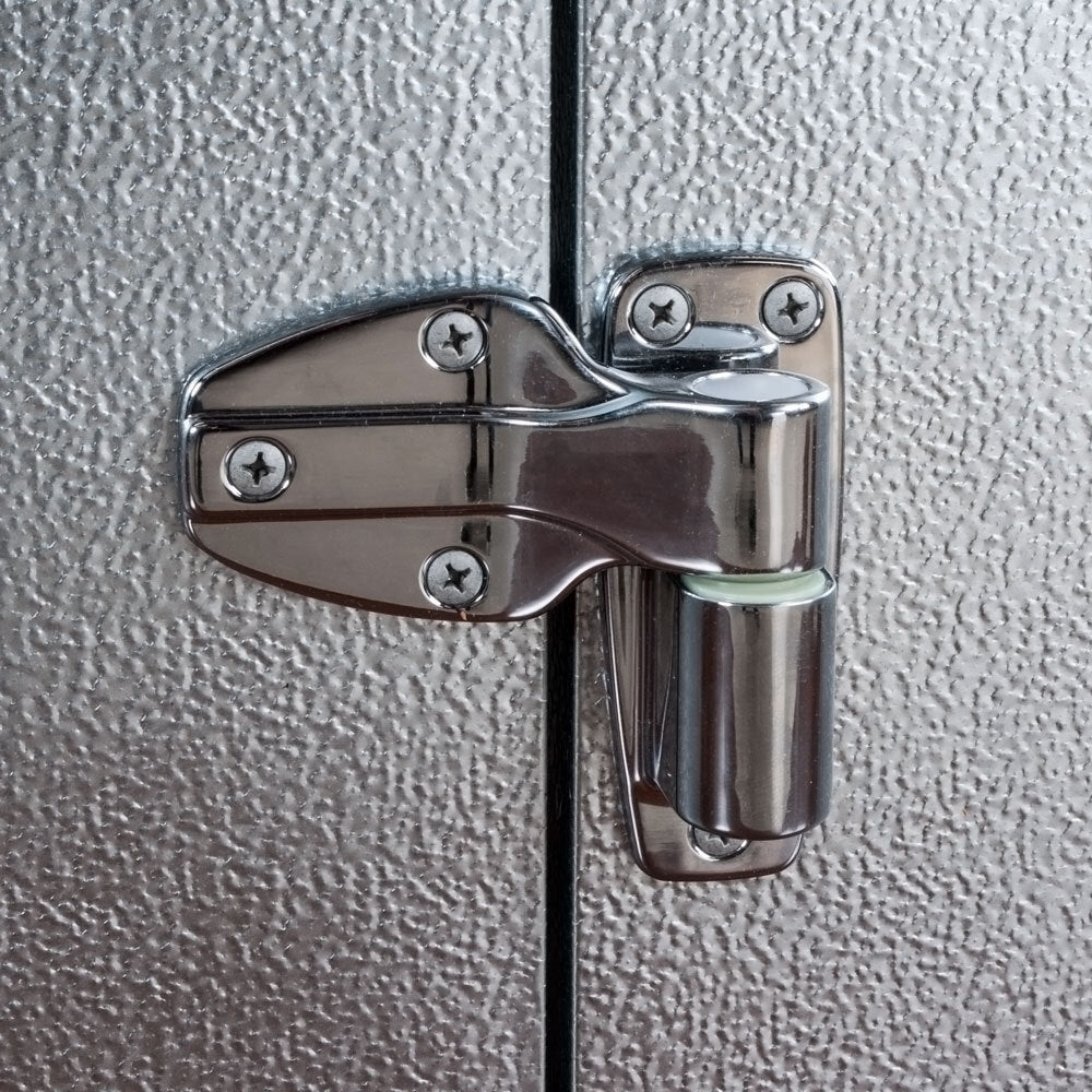 Norlake FTOB8768-CX-M Fast Trak 6' x 8' x 8' 7" Outdoor Walk-In Cooler — supplier gallery view 3; A metal hinge on a metal door for a Norlake Kold Locker.