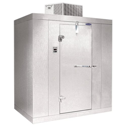 Norlake FTB8488-CX-M Fast Trak 8' x 8' x 8' 4" Floorless Indoor Walk-In Cooler — supplier gallery view 1; A white metal box with a door open.