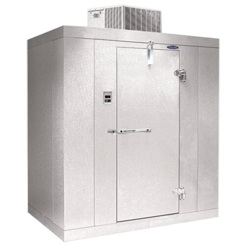 Norlake FTOB87612-CX-M Fast Trak 6' x 12' x 8' 7" Outdoor Walk-In Cooler — supplier gallery view 1; A white metal Norlake Kold Locker walk-in cooler with a door open.