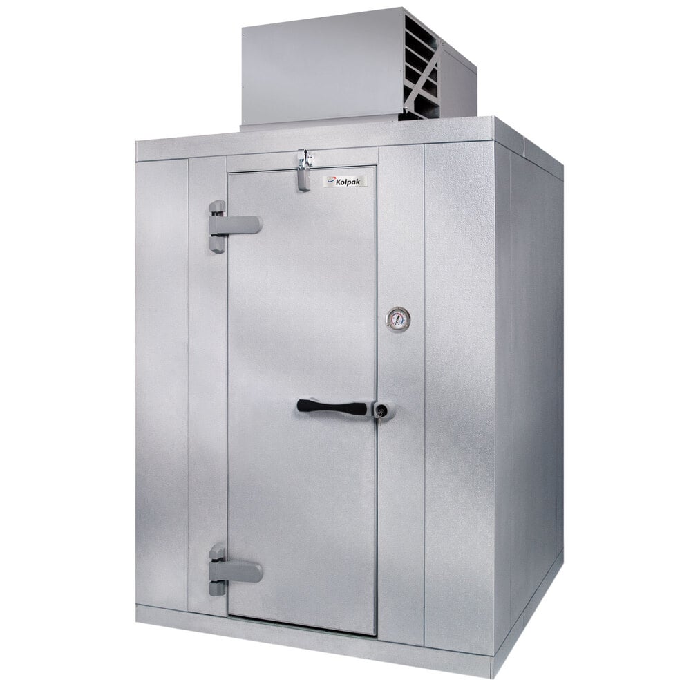 Kolpak P7-1006-CT Polar Pak 10' x 6' x 7' Indoor Walk-In Cooler with Top Mounted Refrigeration — supplier gallery view 1; A large silver metal box with a door open.
