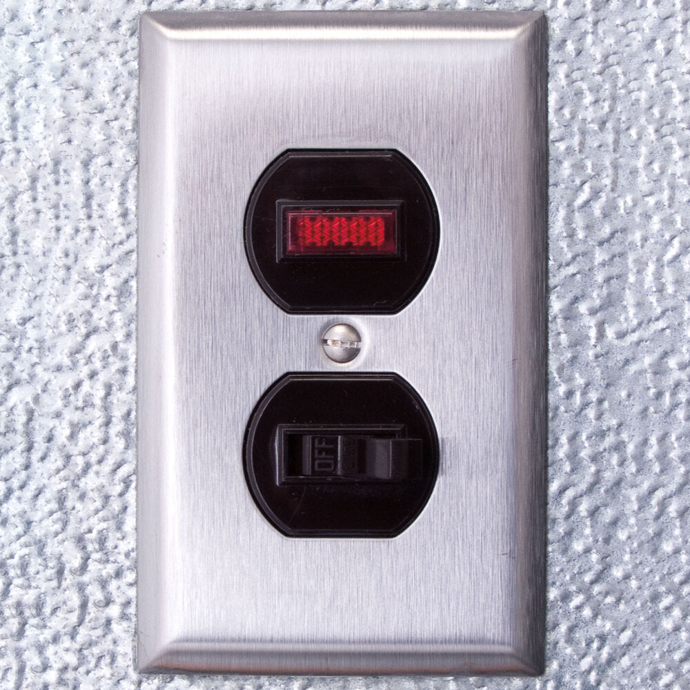 Kolpak PX7-0612-CT Polar Pak 6' x 12' x 7' Floorless Indoor Walk-In Cooler with Top Mounted Refrigeration — supplier gallery view 5; A metal wall switch with red and black numbers.