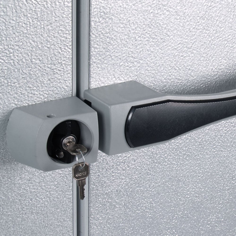 Kolpak PX7-0810-CT Polar Pak 8' x 10' x 7' Floorless Indoor Walk-In Cooler with Top Mounted Refrigeration — supplier gallery view 2; A close-up of the black door handle on a Kolpak walk-in cooler.