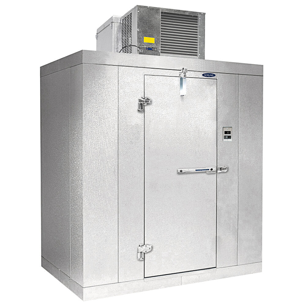 Norlake KODB77810-C Kold Locker 8' x 10' x 7' 7" Outdoor Walk-In Cooler — supplier gallery view 1; A white metal box with a door open.