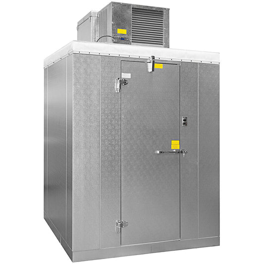 Master-Bilt QODB77610-C 6' x 10' x 7' 7" Outdoor Walk-In Cooler with Top-Mounted Refrigeration and Floor — supplier gallery view 1; A large grey metal box with a door open.
