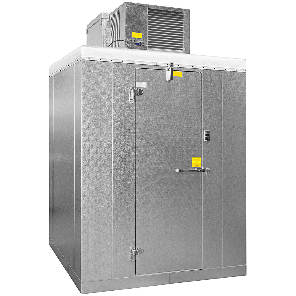 Master-Bilt QODB77814-C 8' x 14' x 7' 7" Outdoor Walk-In Cooler with Top-Mounted Refrigeration and Floor — supplier gallery view 1; A grey metal box with a door open.