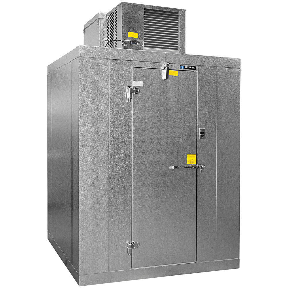 Master-Bilt QSB7766-C QS2 2 Day 6' x 6' x 7' 7" Indoor Walk-In Cooler with Top-Mounted Refrigeration and Floor — supplier gallery view 1; A large metal walk-in cooler with a door.