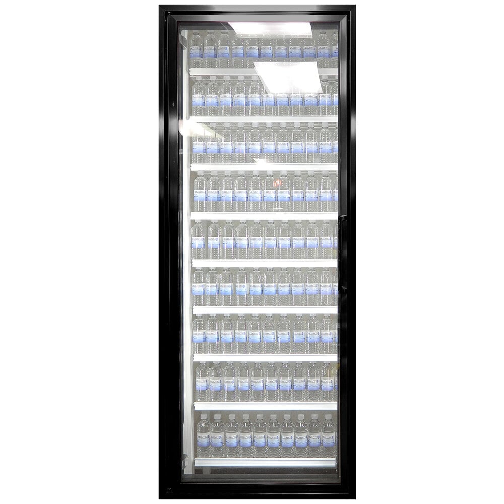 Styleline RM3075-NT Walk-In Merchandiser Doors with Shelving — supplier gallery view 3; A Styleline glass walk-in cooler door with shelving holding water bottles.