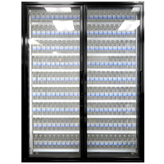 Styleline RM3080-LT Walk-In Merchandiser Doors with Shelving — supplier gallery view 1; A Styleline walk-in freezer merchandiser door with glass shelving holding bottled water.