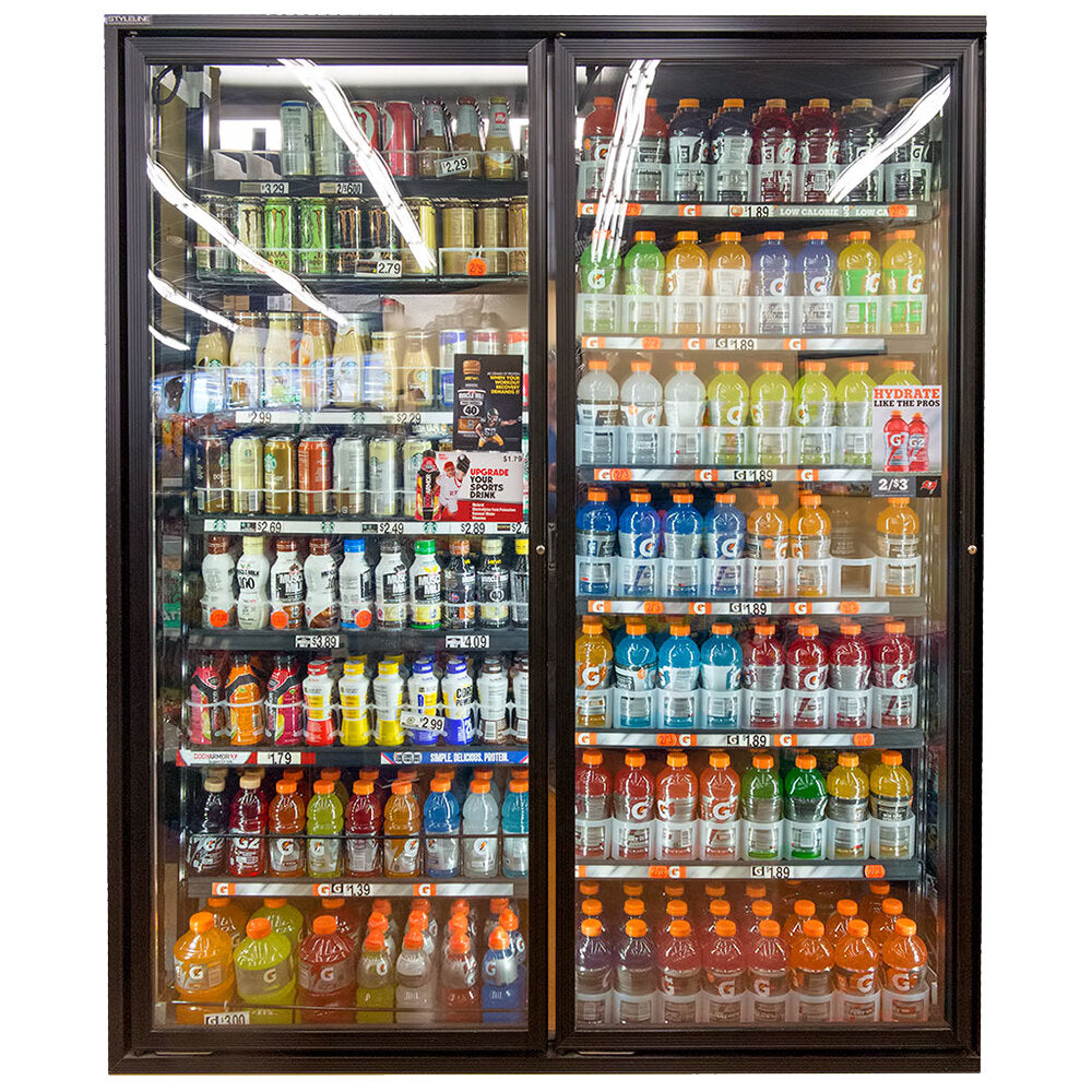 Styleline RM3080-NT Walk-In Merchandiser Doors with Shelving — supplier gallery view 1; A Styleline walk-in cooler door with shelving holding a display case of drinks.