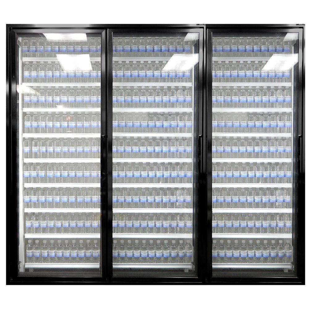 Styleline RM3080-LT Walk-In Merchandiser Doors with Shelving — supplier gallery view 2; A Styleline walk-in freezer merchandiser door with shelving holding bottles of water.