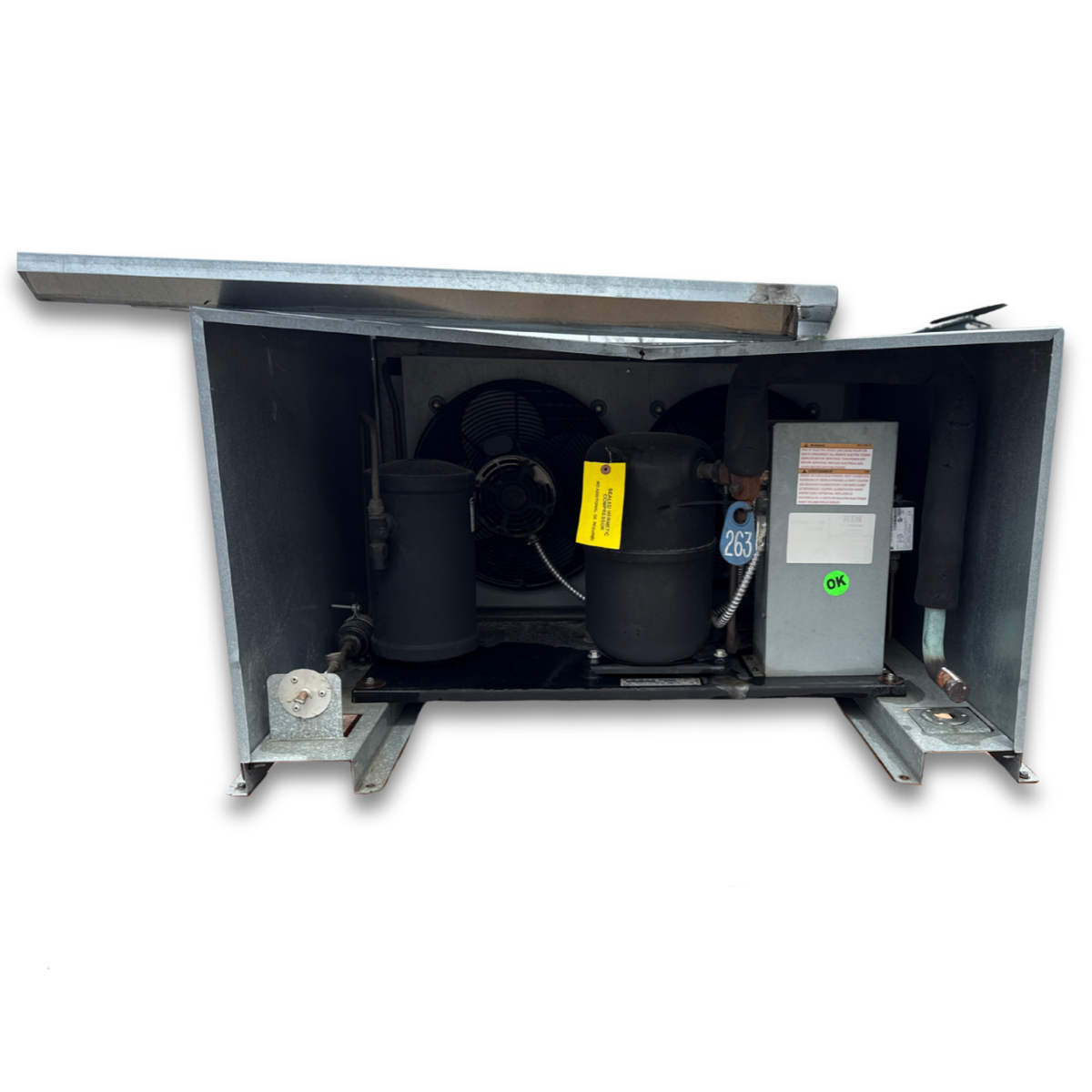 Used Copeland FJAM-0300TFC 3 HP Condensing Unit #263 — supplier gallery view 2; Gray condensing unit front showing the interior.