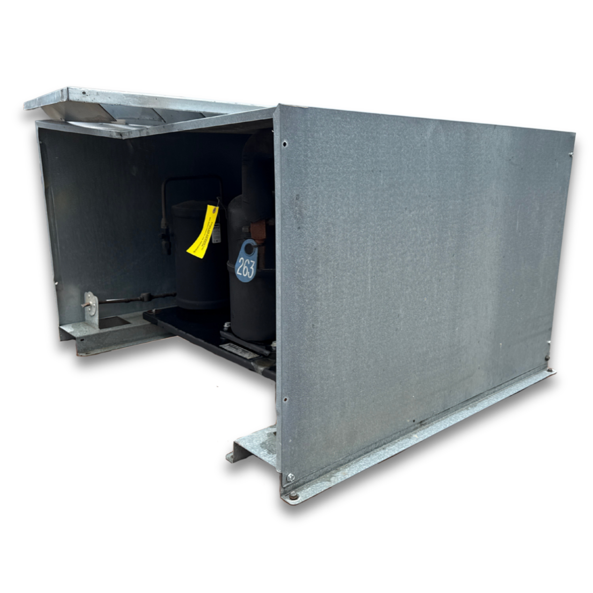 Used Copeland FJAM-0300TFC 3 HP Condensing Unit #263 — supplier gallery view 3; Gray condensing unit front side view showing labels.