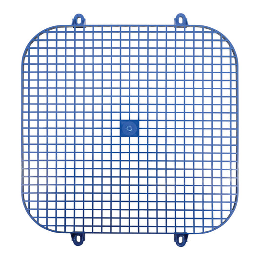Heatcraft 23106201 Evaporator Fan Guard — supplier gallery view 1; A blue grid with a square hole on a white mesh screen.