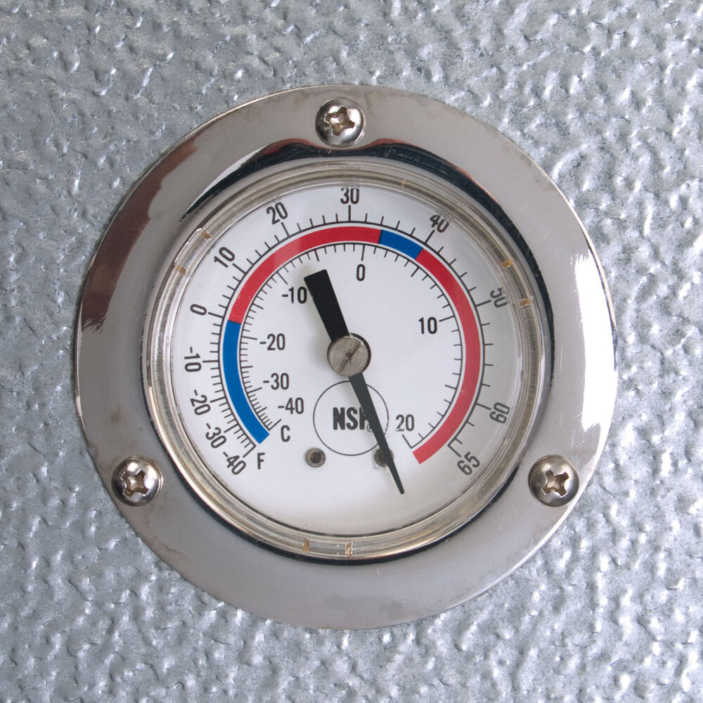 Kolpak P8-1008-CT Polar Pak 10' x 8' x 8' Indoor Walk-In Cooler with Top-Mounted Refrigeration — supplier gallery view 6; A close-up of a temperature gauge on a metal surface.