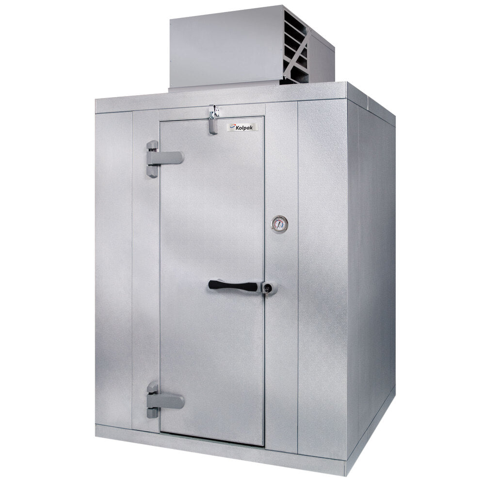 Kolpak P8-1010-CT Polar Pak 10' x 10' x 8' Indoor Walk-In Cooler with Top-Mounted Refrigeration — supplier gallery view 1; A large silver metal box with a door open.
