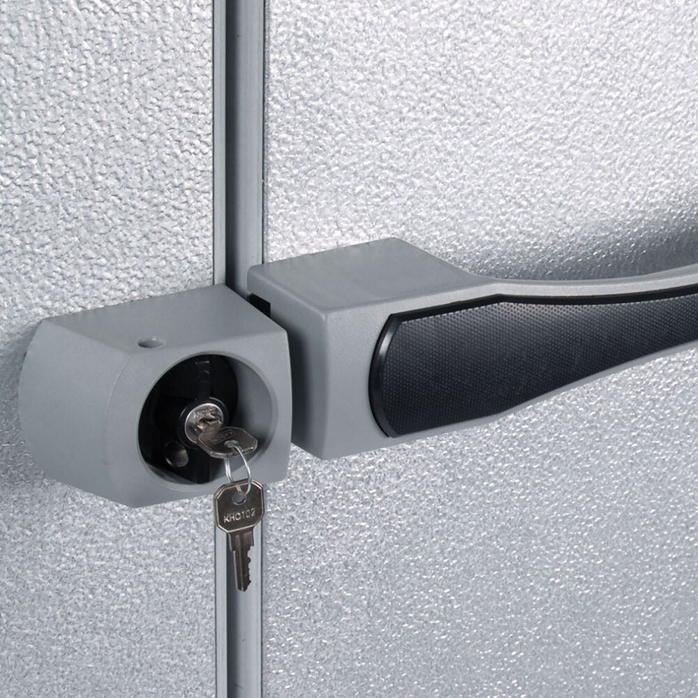 Kolpak P8-1010-CT Polar Pak 10' x 10' x 8' Indoor Walk-In Cooler with Top-Mounted Refrigeration — supplier gallery view 2; The metal door of a Kolpak walk-in cooler with a black handle and key in the lock.