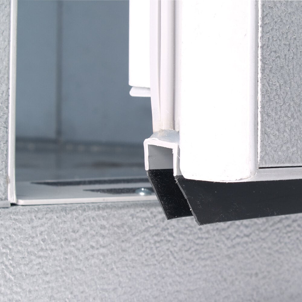 Kolpak P8-1212-CT Polar Pak 12' x 12' x 8' Indoor Walk-In Cooler with Top-Mounted Refrigeration — supplier gallery view 3; The metal door of a Kolpak walk-in cooler with a black handle.