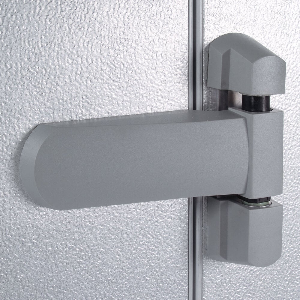 Kolpak P8-1212-CT Polar Pak 12' x 12' x 8' Indoor Walk-In Cooler with Top-Mounted Refrigeration — supplier gallery view 4; The grey hinge on a Kolpak walk-in cooler door.