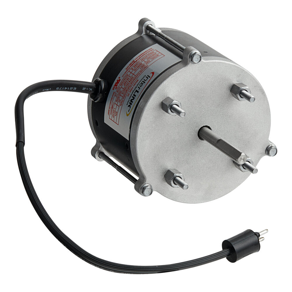 Heatcraft 25319501 Evaporator Fan Motor — supplier gallery view 1; A round, small metal Heatcraft evaporator fan motor with a black wire.