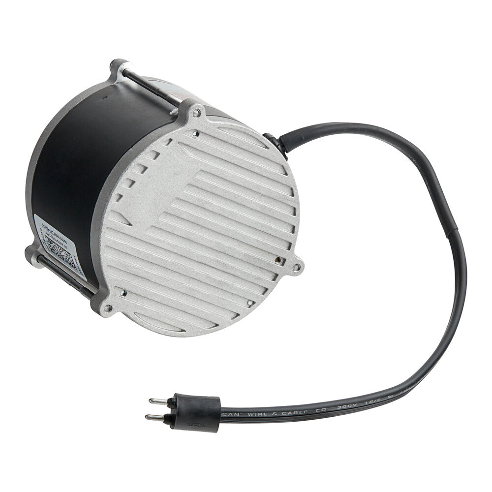 Heatcraft 25319501 Evaporator Fan Motor — supplier gallery view 2; A round black and silver Heatcraft evaporator fan motor with a black cord.