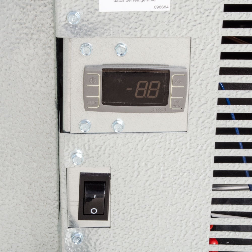 Norlake KODB771012-C Kold Locker 10' x 12' x 7' 7" Outdoor Walk-In Cooler — supplier gallery view 12; A digital control panel and power switch on the exterior of a walk-in cooler.