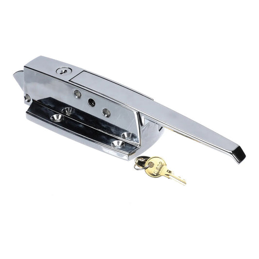 Component Hardware W19-Y001-C Door Latch Walk-In With Lock — supplier gallery view 1; A chrome door latch with a locking mechanism and a key, designed for walk-in doors.